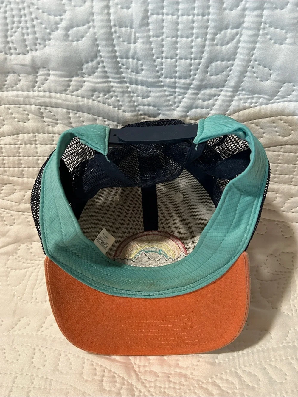 Patagonia Kids Trucker Hat with Rainbow Patch in Cream, Coral & Navy